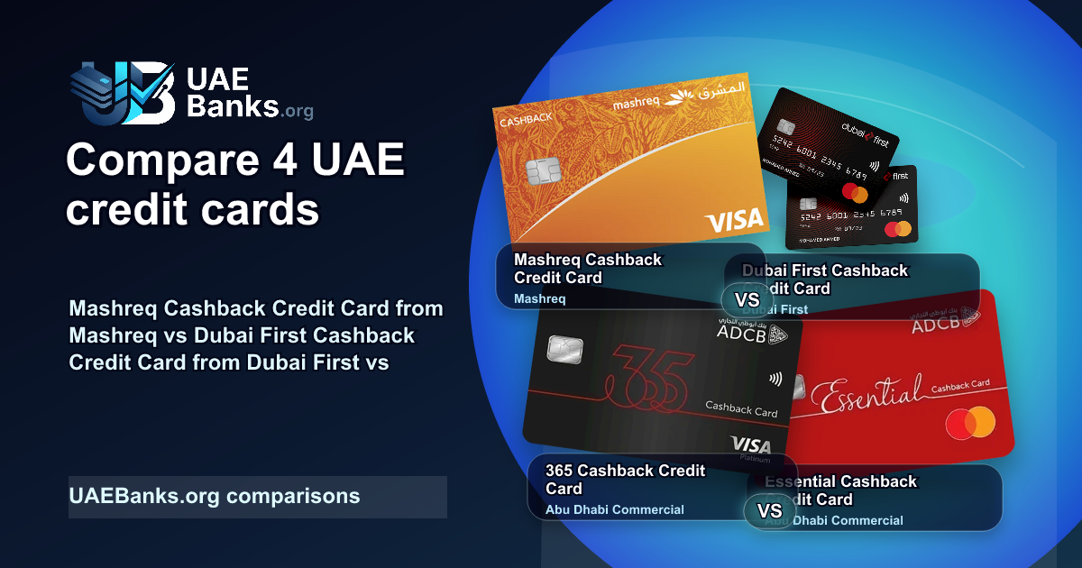 Mashreq Cashback Credit Card vs Dubai First Cashback Credit Card vs 365 Cashback Credit Card vs Essential Cashback Credit Card comparison thumbnail